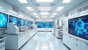 Modern bright laboratory interior. Clean white lab with tech equipment screens. Research science development engineering room.