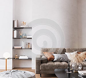 Modern bright living room, brown sofa on curved wall