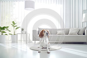 Modern bright living room interior Cute dog near couch