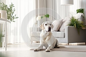 Modern bright living room interior Cute dog near couch
