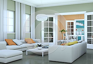 Modern bright living room interior design with sofas