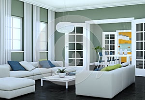 Modern bright living room interior design with sofas