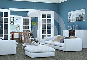 Modern bright living room interior design with sofas