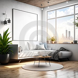 Modern bright living room interior with sofa, wooden floor and blank white poster on the wall, minimalist design.