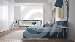 Modern bright minimalist bedroom in blue tones, double bed with pillows, duvet and blanket, parquet, big window and sofa, bedside