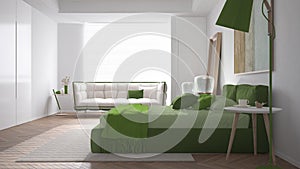 Modern bright minimalist bedroom in green tones, double bed with pillows, duvet and blanket, parquet, big window and sofa, bedside