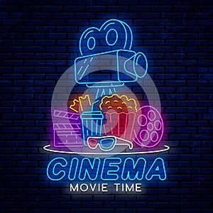 Modern bright neon sign for cinema.