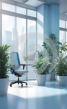 modern bright office with large panoramic windows and plants for environmental and psychological relaxation