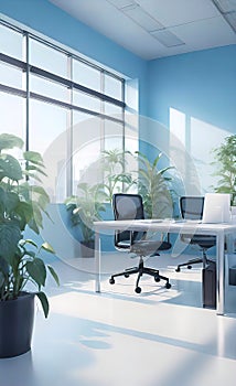 modern bright office with large panoramic windows and plants for environmental and psychological relaxation