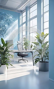 modern bright office with large panoramic windows and plants for environmental and psychological relaxation