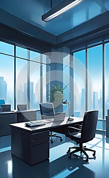 modern bright office with large panoramic windows and plants for environmental and psychological relaxation