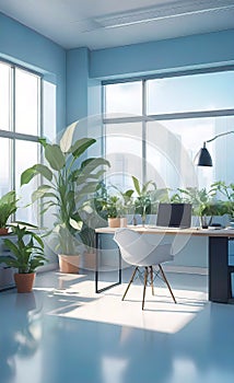 modern bright office with large panoramic windows and plants for environmental and psychological relaxation