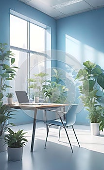 modern bright office with large panoramic windows and plants for environmental and psychological relaxation