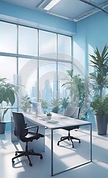 modern bright office with large panoramic windows and plants for environmental and psychological relaxation