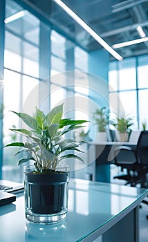 modern bright office with large panoramic windows and plants for environmental and psychological relaxation