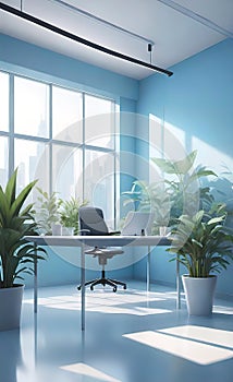 modern bright office with large panoramic windows and plants for environmental and psychological relaxation