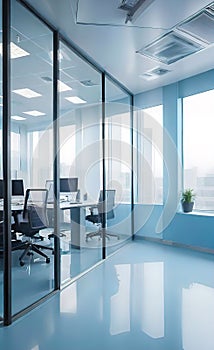 modern bright office with large panoramic windows and plants for environmental and psychological relaxation