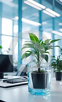 modern bright office with large panoramic windows and plants for environmental and psychological relaxation