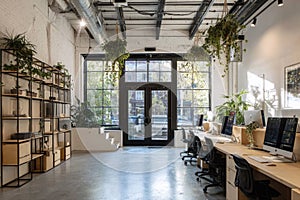 Modern Office Interior with Natural Light and Greenery