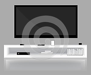 Modern bright room with flat-screen TV, low shelf. Graphic template. Mock up. Vector