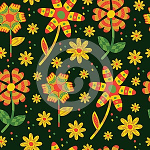 Modern bright seamless pattern with yellow flowers on a dark background. For textiles and design