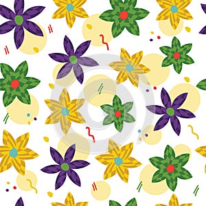 Modern bright seamless pattern with yellow, green and purple flowers on a white background. For textiles and design