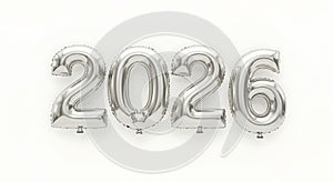 Modern bright silver 2026 numbers on white wall