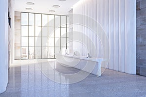 Modern bright white office lobby with reception desk and window with city view . Waiting area concept.