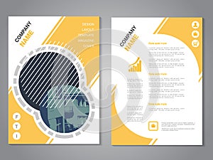 Modern brochure, abstract flyer with background of buildings. City scene in the circle. Layout template. Poster of grey, yellow an