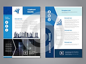 Modern brochure, abstract flyer with background of buildings. City scene. Layout template. Aspect Ratio for A4 size. Poster of blu