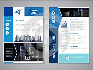 Modern brochure, abstract flyer with background of buildings. City scene. Layout template. Aspect Ratio for A4 size. Poster of blu