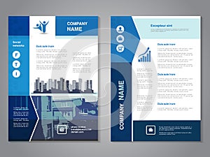 Modern brochure, abstract flyer with background of buildings. City scene. Layout template. Aspect Ratio for A4 size. Poster of blu
