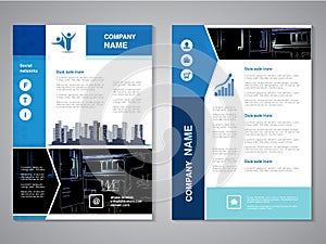 Modern brochure, abstract flyer with background of buildings. City scene. Layout template. Aspect Ratio for A4 size. Poster of blu