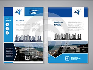 Modern brochure, abstract flyer with background of buildings. City scene. Layout template. Aspect Ratio for A4 size. Poster of blu