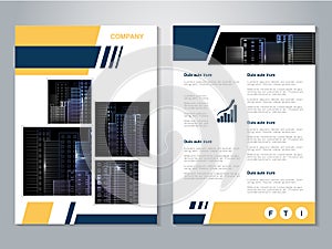 Modern brochure, abstract flyer with background of buildings. City scene. Layout template. Aspect Ratio for A4 size. Poster of yel