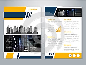 Modern brochure, abstract flyer with background of buildings. City scene. Layout template. Aspect Ratio for A4 size. Poster of yel