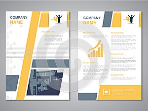 Modern brochure, abstract flyer with background of buildings. City scene. Layout template. Aspect Ratio for A4 size. Poster of yel