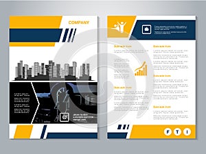 Modern brochure, abstract flyer with background of buildings. City scene. Layout template. Aspect Ratio for A4 size. Poster of yel