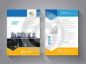 Modern brochure, abstract flyer with background of buildings. City scene. Layout template. Poster of blue, yellow, grey, black and