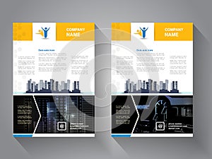 Modern brochure, abstract flyer with background of buildings. City scene. Layout template. Poster of blue, yellow, grey, black and