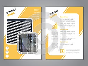 Modern brochure, abstract flyer with background of buildings. City scene in the square. Layout template. Poster of grey, yellow an