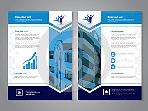 Modern brochure, abstract flyer with background of buildings. Layout template. Aspect Ratio for A4 size. Poster of blue, dark blue