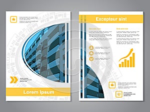 Modern brochure, abstract flyer with background of buildings. Layout template. Aspect Ratio for A4 size. Poster of blue, yellow