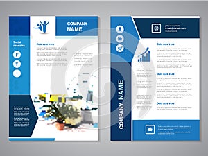 Modern brochure, abstract flyer with background of house interier. Layout template. Poster of yellow, dark blue, black and white c