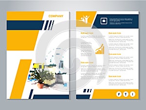 Modern brochure, abstract flyer with background of house interier. Layout template. Poster of yellow, dark blue, black and white c