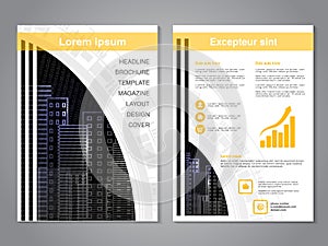 Modern brochure. Abstract flyer with background of Illuminated skyscrapers, buildings. Layout template. Aspect Ratio for A4 size.