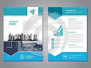 Modern brochure with arrow design, abstract flyer with background of monochrome buildings. Layout template. Aspect Ratio for A4
