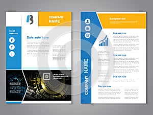 Modern brochure with blue yellow design, abstract flyer with technology background. Layout template. Poster with arrow desi