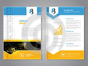 Modern brochure with blue yellow design, abstract flyer with technology background. Layout template. Poster with arrow design, Mag