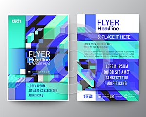 Modern brochure cover flyer poster layout vector template. Colorful blue neon isometric block background